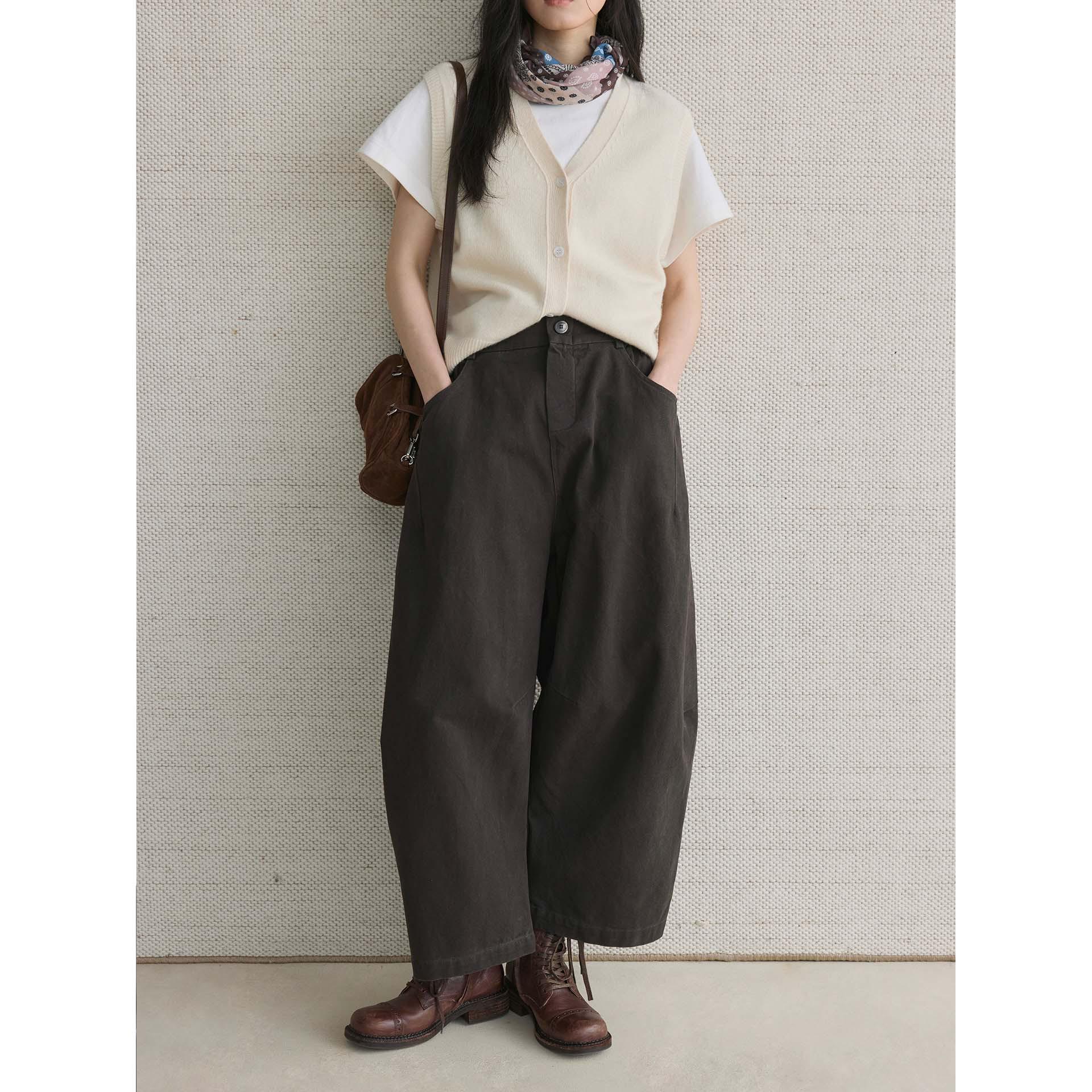 Louvre Winter Japanese Retro Curved Loose Fleece Cotton Pants for Women One Size