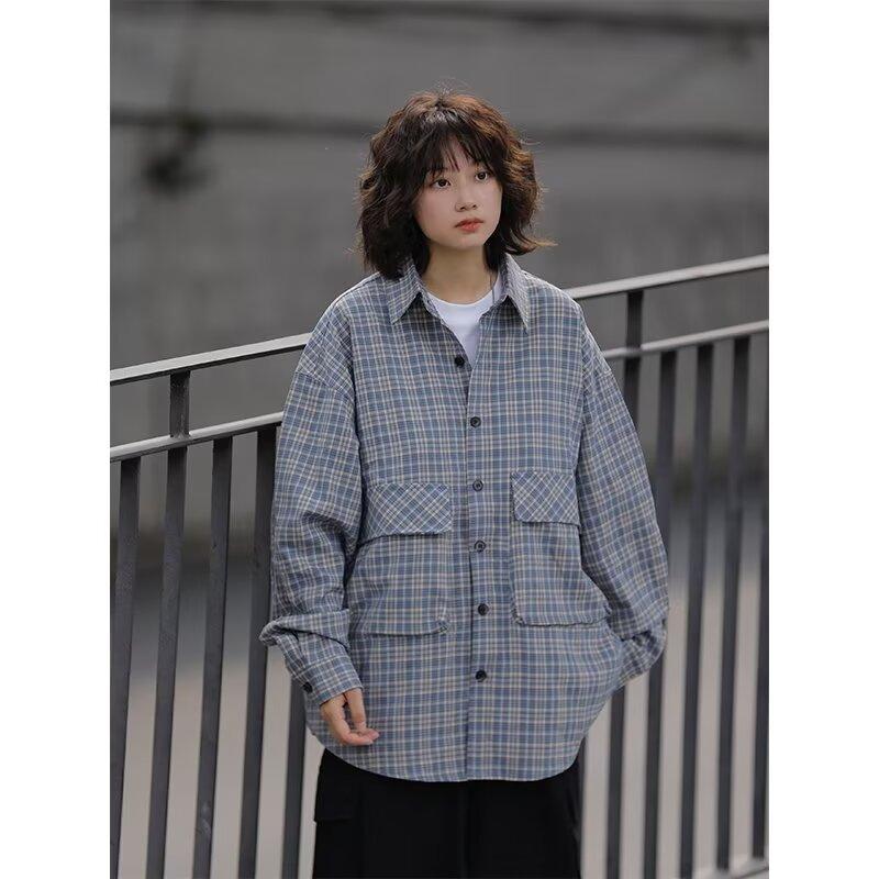 Retro Rutig Långärmad Skjorta i Japansk Stil med Stor Ficka Herr och Dam Vintage Flerficks Par Kontrastfärg Skjorta Jacka