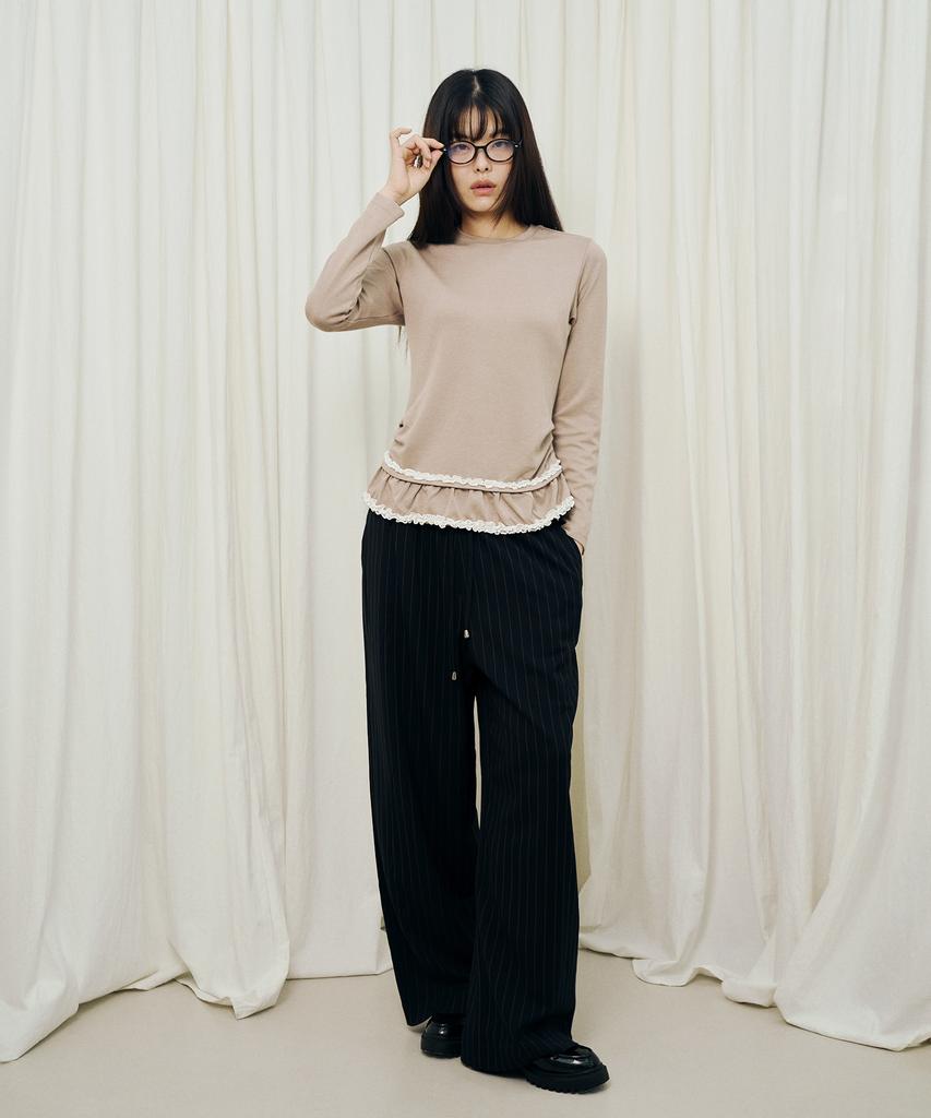 Mihebeu Double Lace Shirred Long Sleeve Beige