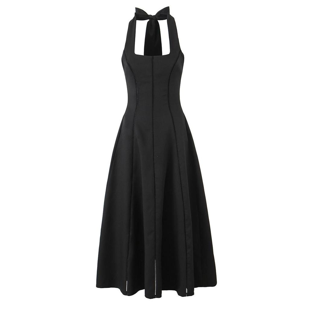 2025 European & American Style Black Halter Square Neck Sleeveless Retro Dress