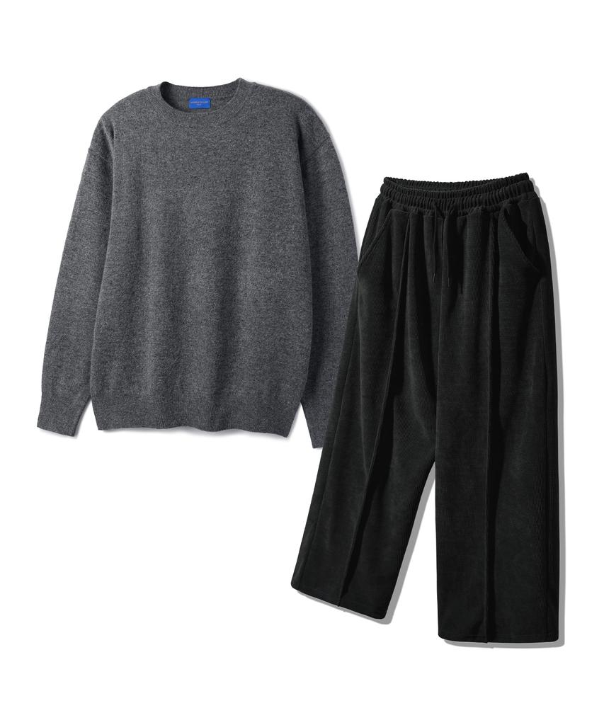 ALVINCLO [Set] Basic Round Knit Pintuck Wide Elastic Pants Set