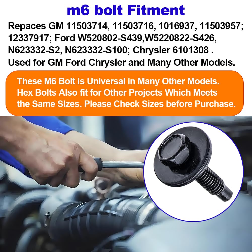 50Pcs M6-1.0 Hex Head Body Bolts Bumper Fender Splash Shield Under Cover Hood,M6 Bolt,Hex Bolts,10Mm Bolt,20Mm Washer