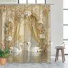 1pc Elegant White Swans in Reflective Pool Shower Curtain with Golden Floral Arrangements & Romantic Classical Architecture -