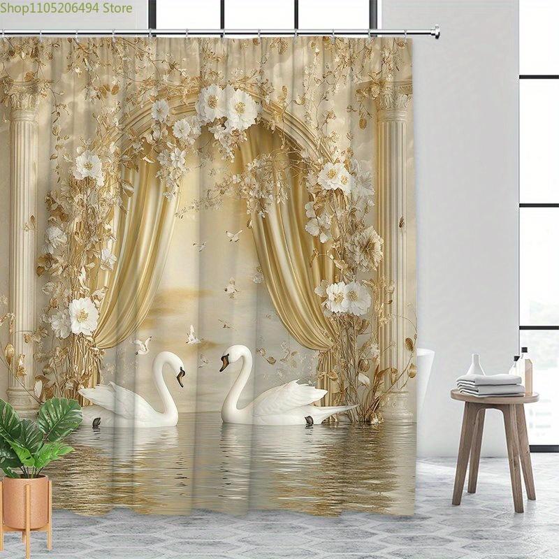 1pc Elegant White Swans in Reflective Pool Shower Curtain with Golden Floral Arrangements & Romantic Classical Architecture -