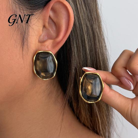 Fashion Statement Earrings for Women 1 Pair Natural Healing Stone Stud Women, Gold Versatile Casual Dress Plated Oval Resin Earrings, Faux Crystal