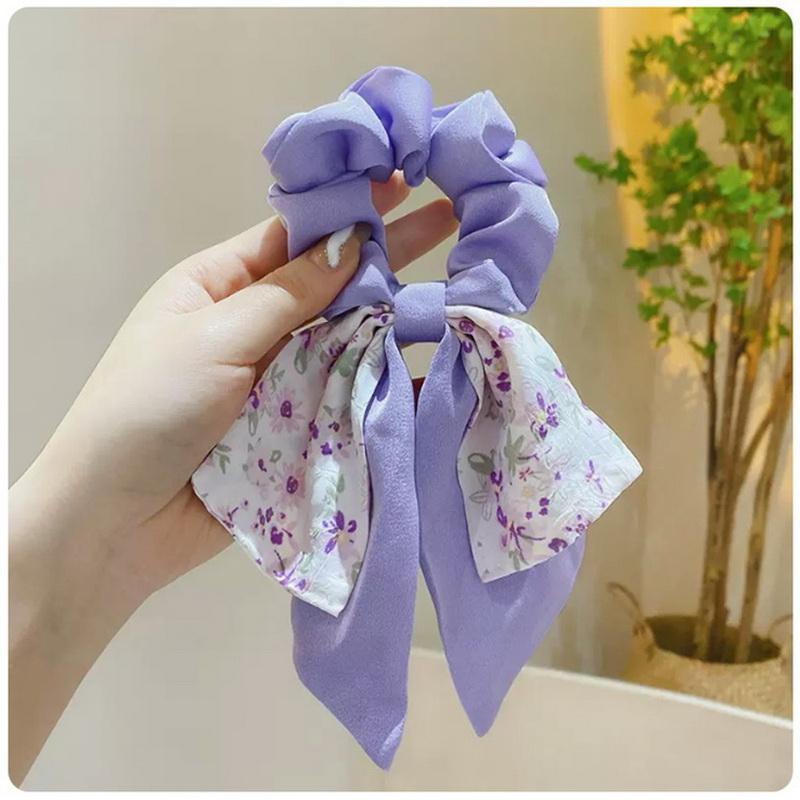 Korea Blumen Schleife Scrunchies für Frauen Satin Langes Band Pferdeschwanz Schal Mädchen Haargummis Druck Elastische Haarbänder Accessoires