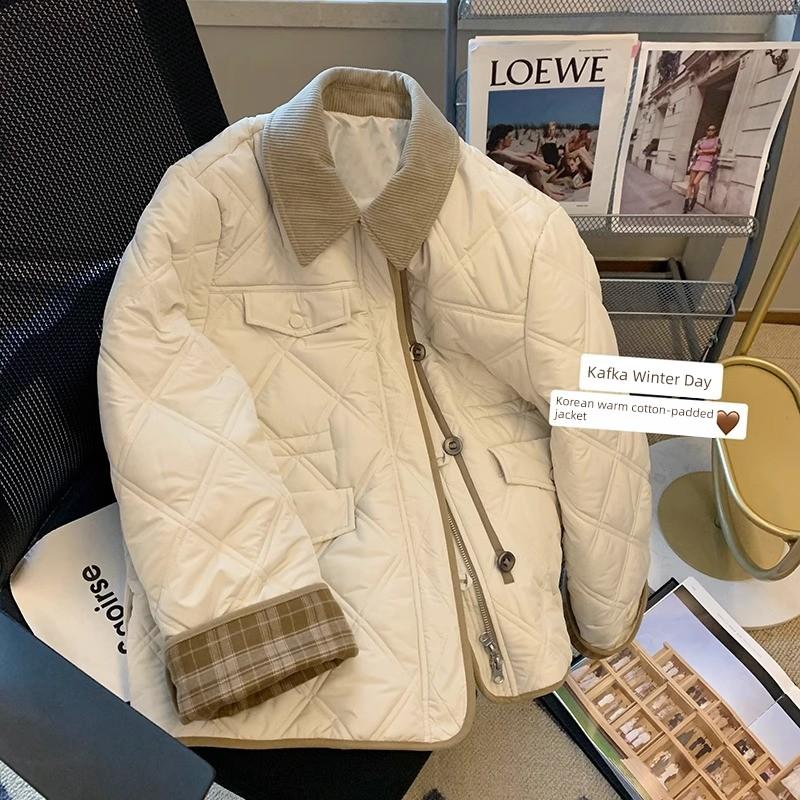 

Oversize Women s Clothing Plus Size Ladies Korean Lapel down Cotton-Padded Coat for Women Spring & Fall Niche Design Cotton Coat Jacket Women 4XL бежевый