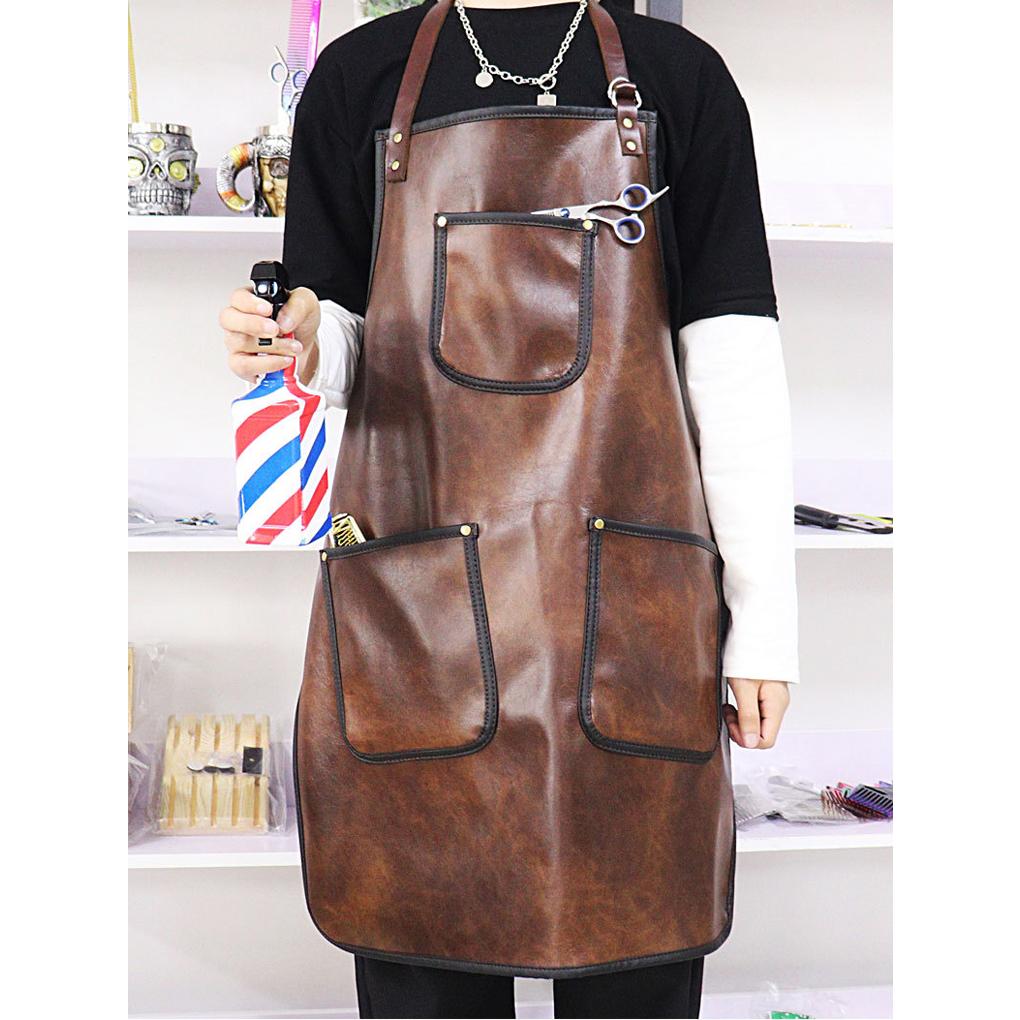 Professionelle verstellbare Friseurschürze Latzschürze ärmellos PU-Leder Barista-Schürzen Haareschneiden Haarstyling Wasserdicht