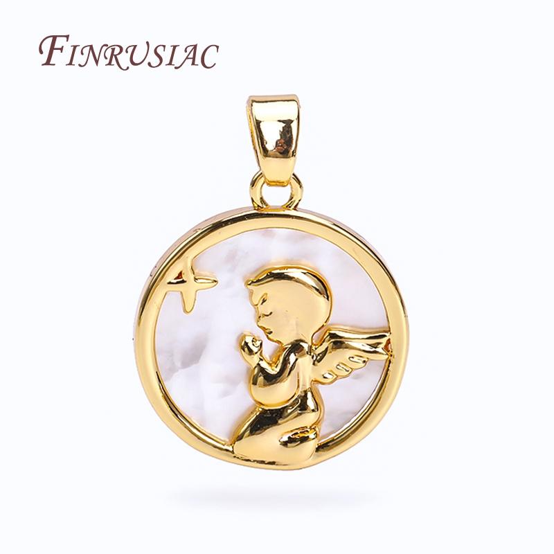 18K Real Gold Plated Angel Praying Suspension Pendant For Making Necklace,Natural Shell Round Charms DIY Handmade Jewelry