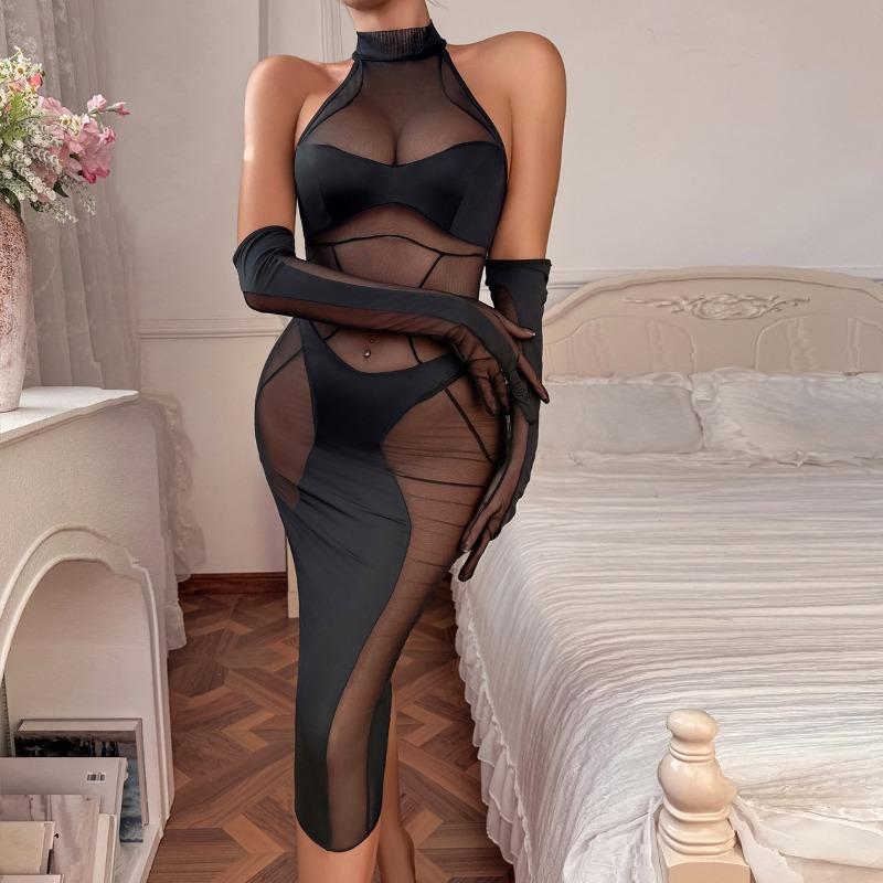 Erotic Sexy Lingerie Sets Perspective Mesh Long Dress Women'S Sensual Underwear 3-Pieces Collection Cut Out Bra Thong Gloves Baby Dolls