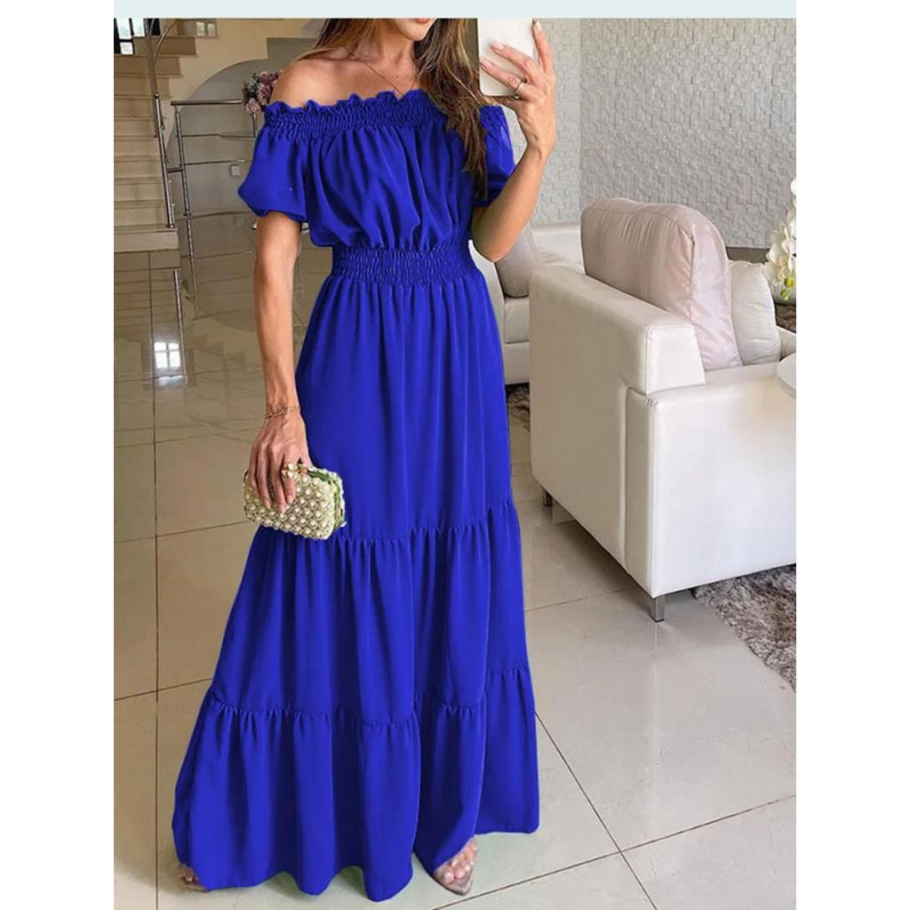 LYRIA Solid Boho Dress Women Fashion Elegant Beach Party Dress Casual Slash Neck Office Maxi Dresses For Woman Robe Femme