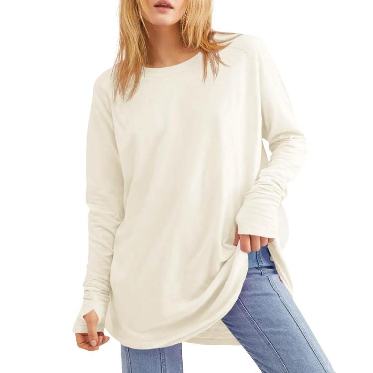 Loose Long Sleeve T Shirt Women Solid Round Neck Medium Top Thumb Hole