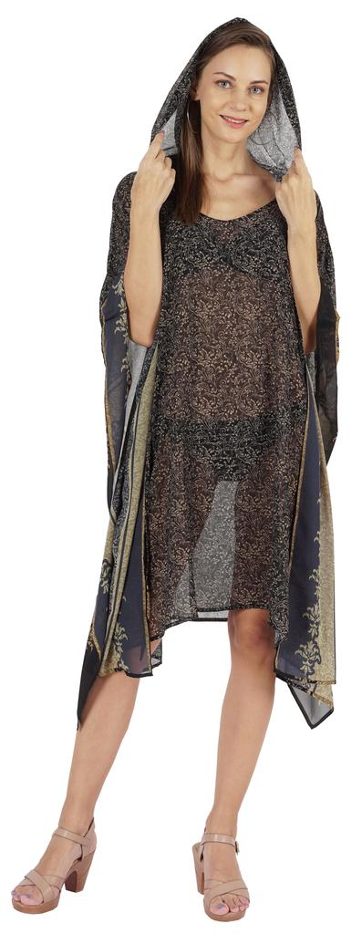 Moomaya Women  s Short Hoodie Kaftan Loose Tunic Kimono Sleeve Mini Beach Cover Up