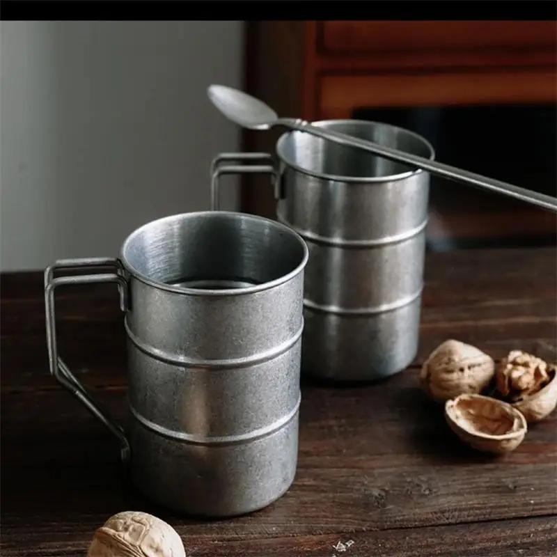 1pc Outdoor Camping Cup, Portable Folding Handle Retro Beer Mug