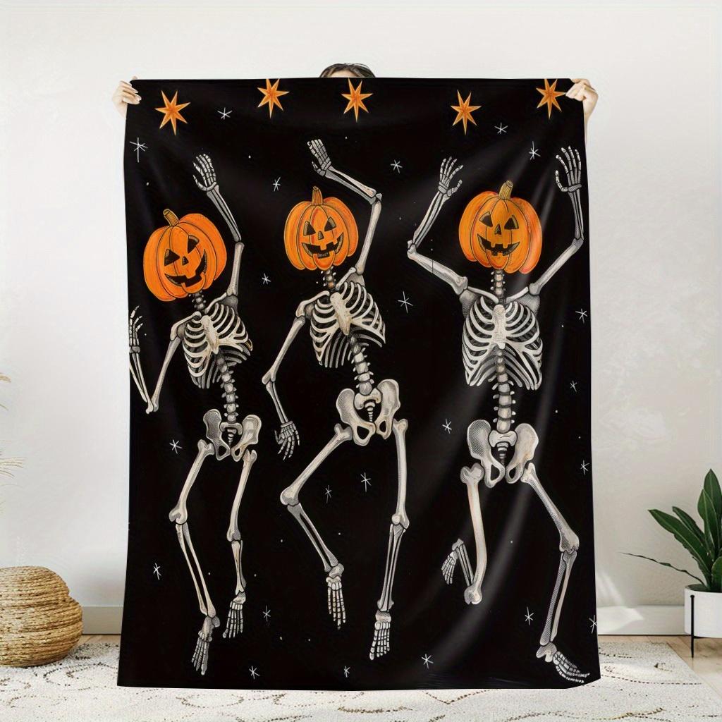 Spooky Pumpkin Skeletons Halloween Theme Blanket - Cozy Warm Holiday Decorative Throw for Naps, Camping, Travel & Car
