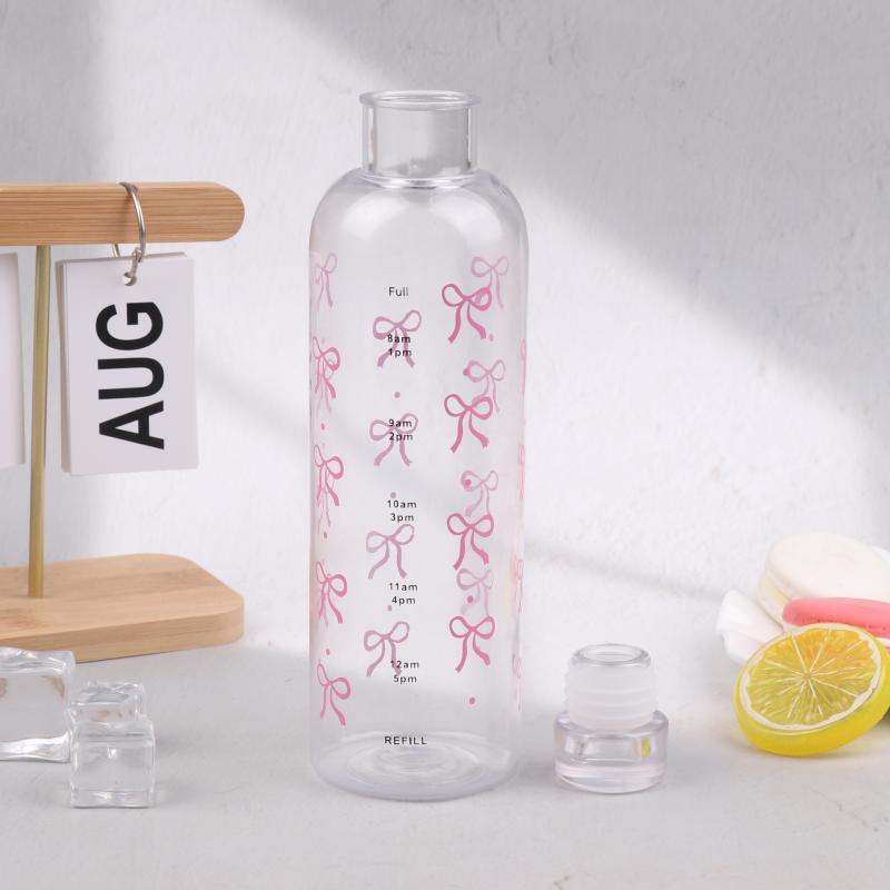 Kawaii Bow Plastic Water Bottle With Time Scale Transparent Water Cup For Outdoor Sports Drinking 500Ml Juice Milk Water Bottle