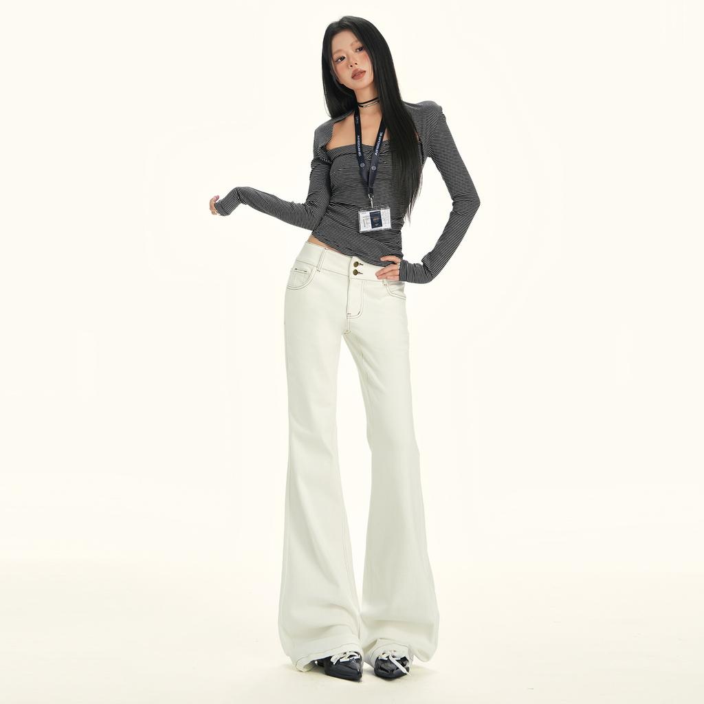 American retro beige slim double-breasted design micro-flared jeans Yichun