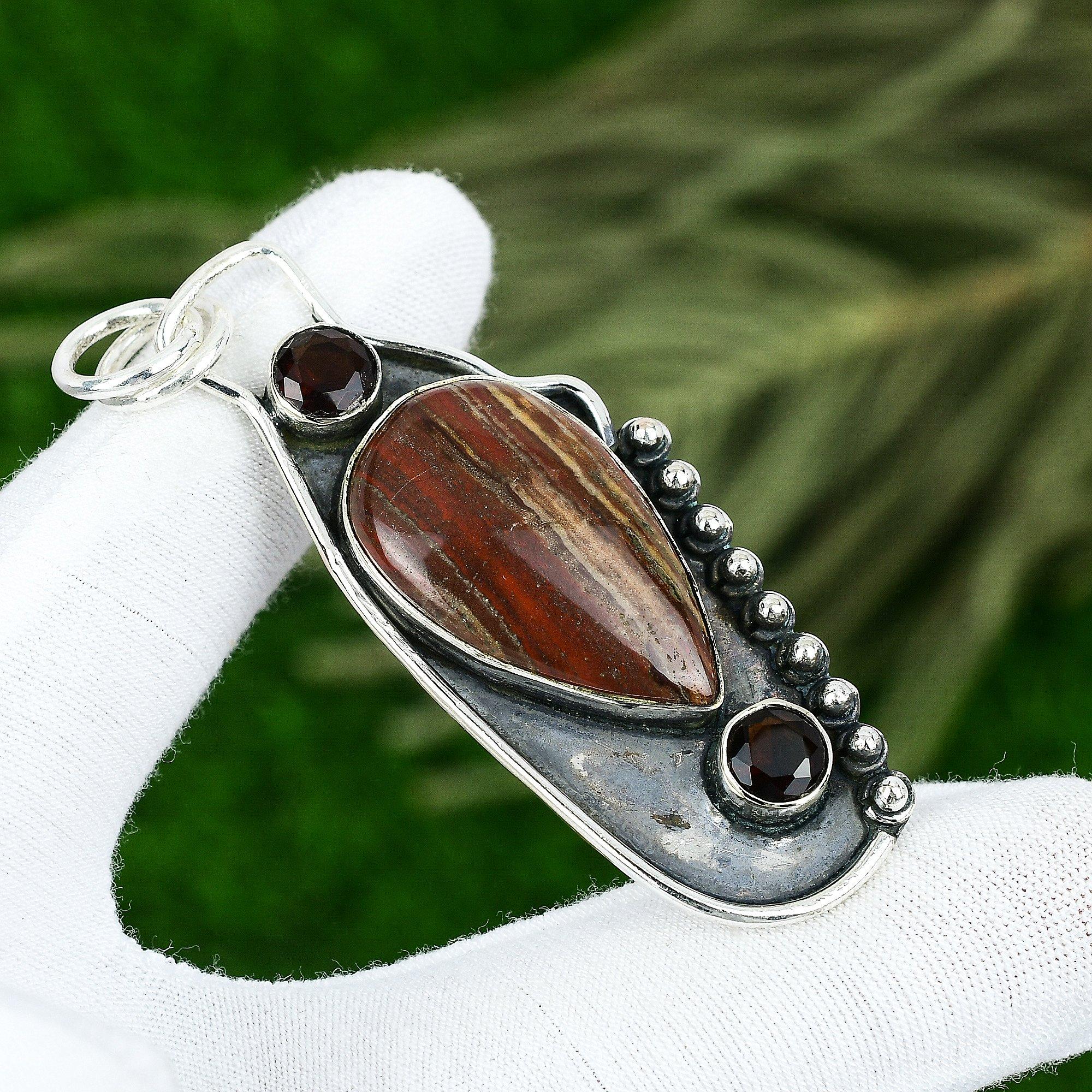 

Натуральный Яшма Змеиная Кожа Камень Подвеска Красный 925 Стерлинговое Серебро Индийские Украшения