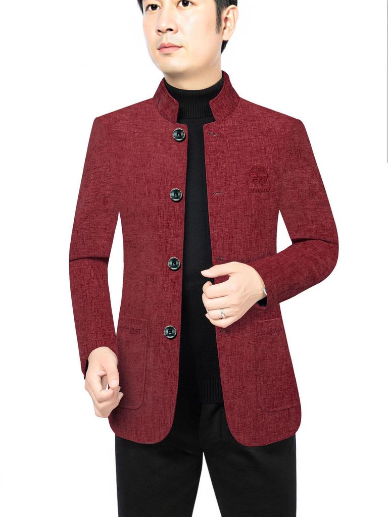 Men's Ethnic Style Woolen Stand-Up Collar Jacket - Business Casual, Warm Winter Wear for Middle-Aged Dads