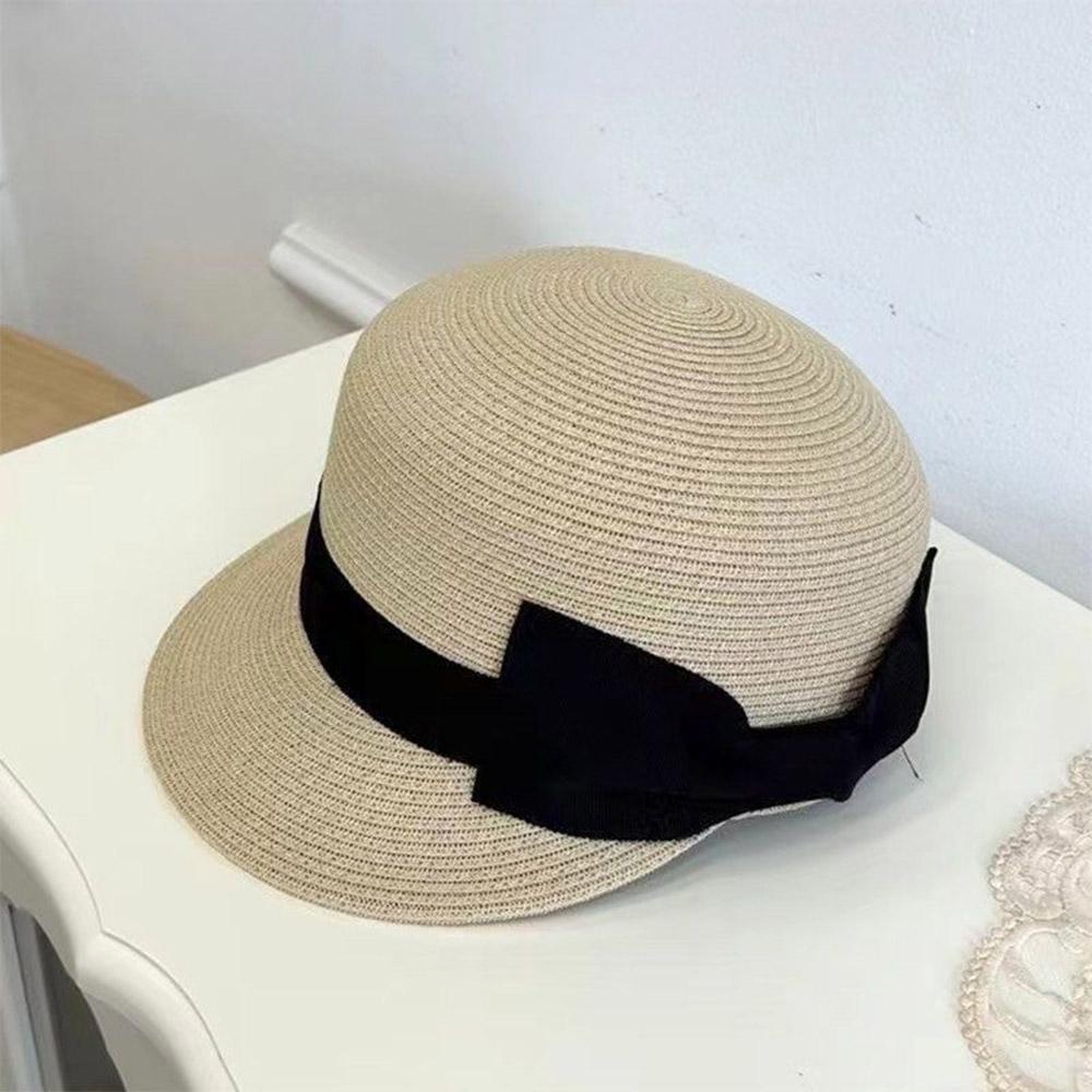 Elegant Straw Hat Sun Hats Women Summer French Retro Dome Top Hat Ladies Vacation Beach Straw Hat Black Bowknot Equestrian Hat