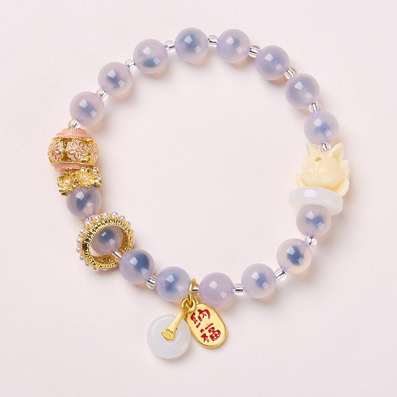 Yongxiang-style Beijing Incense Ash Glass Bracelet with Pink Porcelain Nine-tailed Fox and Gold Foil, Good Luck Bracelet, Gift for Best Friends