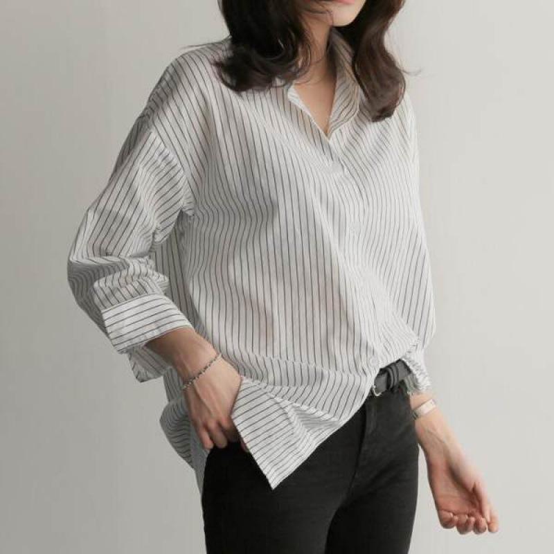1116 autumn new medium and long loose blue vertical striped BF large size long-sleeved shirt women's summer