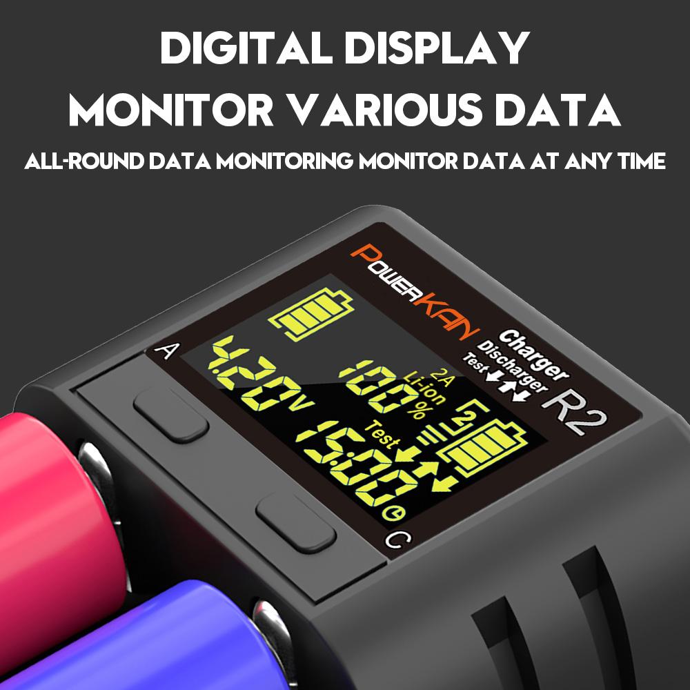 POWERKAN R2 Battery Charger LCD Display Suitable for charging 2 3.7V multi-size Li-ion batteries and 1.2V AA AAA NiMH batteries