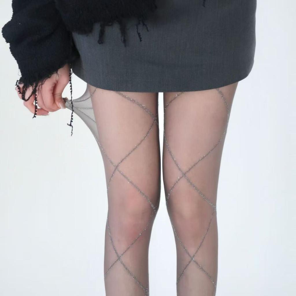 Elegant Retro Style Silver Thread Grid Pantyhose Women Slim Fit Shape Tights Glitter Hosiery Stockings