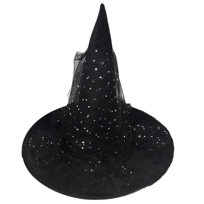 

Halloween Party Witch Hats Lace Sequins Ruffled Sheer Pointed Hat Cosplay Accessory Unique Witch Hat