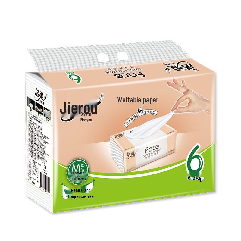Jie Rou Unscented 3-Ply Face Tissue, 6 Packs x 100 Sheets, Wet-Wipeable, Household Use