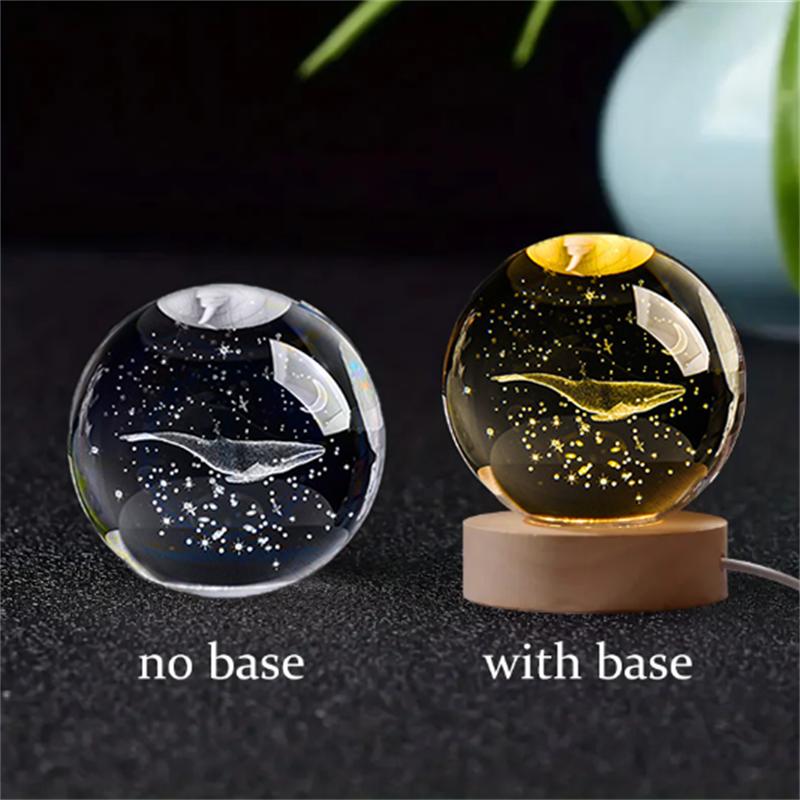 6/8cm 3D Crystal Ball Glass Planet LED Warm Night Light Laser Engraved Solar System Globe Universe Birthday Gift Wooden Base
