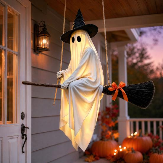 Halloween Hanging Ghost Outdoor Decoration Spooky LED Light Up Witch Ghost On Broom for Home
