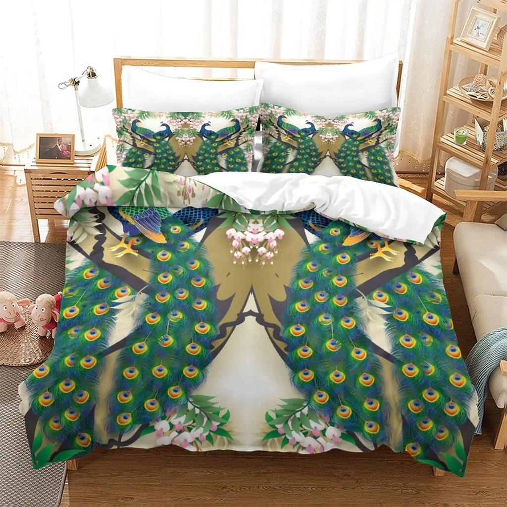 Peacock Duvet Cover Exotic Birds Animals Quilt Cover Polyester Feather Butterfly Flowers Bedding Set 2/3Pcs King For Girls Teens