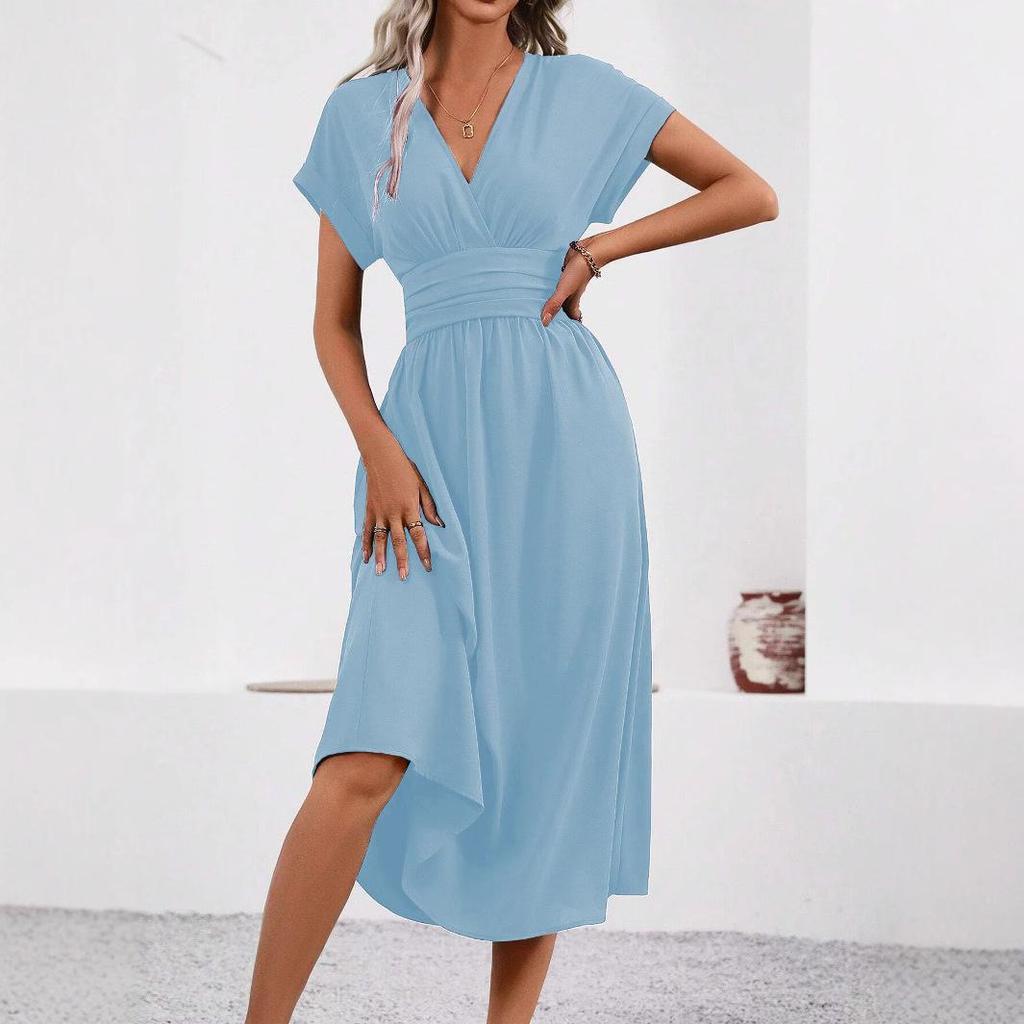 Kadın V Yaka Kısa Kollu A Kesim Elbise, Slim Fit Bel, Günlük Yazlık Elbise