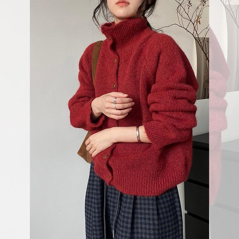 Vintage Röd Halvhög Hals Tröja Kofta för Kvinnor - Mjuk Stickad Höst/Vår Topp