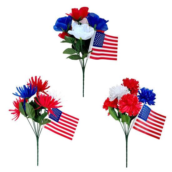 Yousheng Independence Day UV Resistant Faux Flowers, 4th of July Artificial Flower, 250th Anniversary Artificial Bouquet, Red White Blue Patriotic