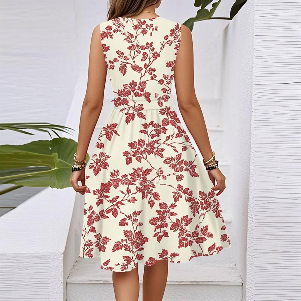 Women's Spring Summer Casual V Neck Sleeveless Waist Floral Print Midi Dress