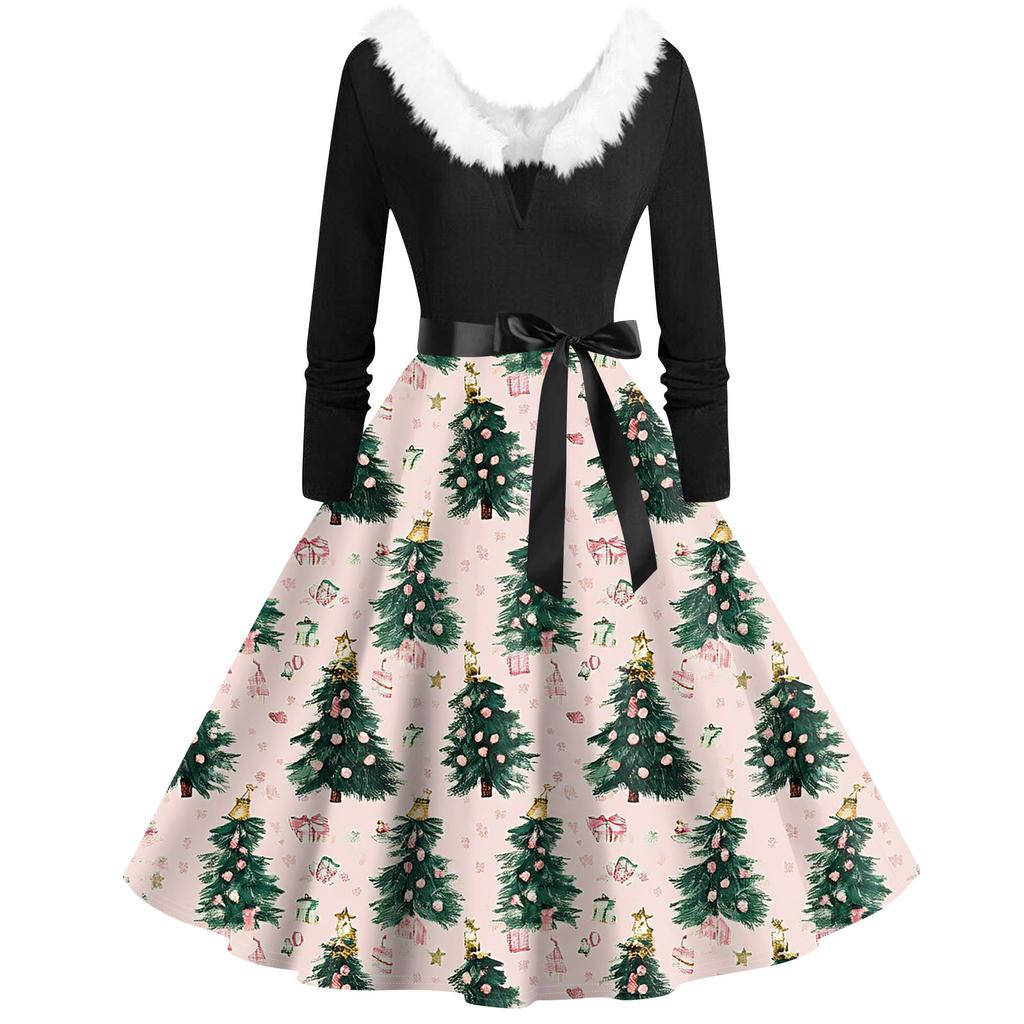 Women's Fashion V-Neck Casual Slim Christmas Printed Long Sleeve Hair Collar Dresses