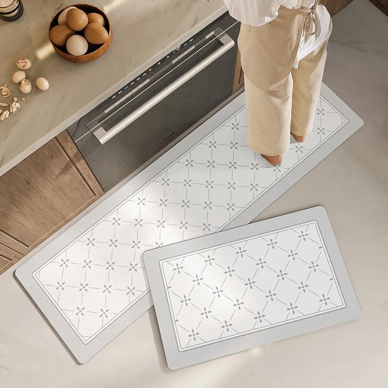 Fiber Leather Natural Rubber Kitchen Floor Mat, Soft Q-elastic Long Kitchen Mats Absorbs Water, Oil and Non-slip Foot Pads