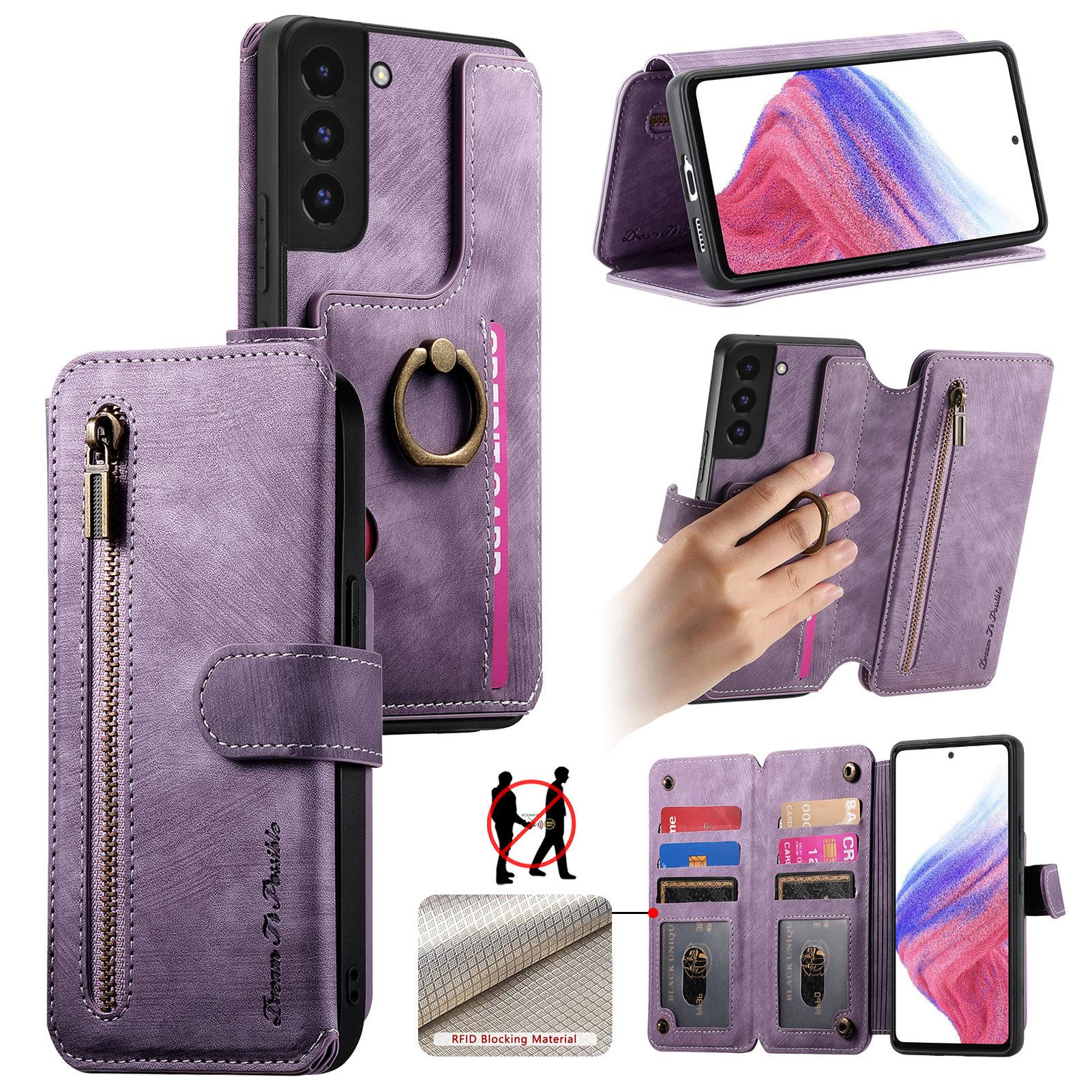 

For Samsung Galaxy S22 5G Leather Phone Back Cover with RFID Blocking Zipper Wallet Kickstand Purple