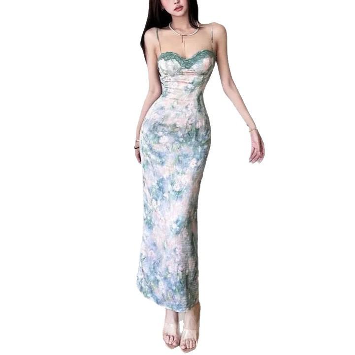 French gentle lace floral suspender skirt suspender summer new dress temperament thin waist dress