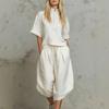 European and American Cross-border Women's Clothing Summer Casual Suit Semi-zipper Shirt Short-sleeved Top Drawstring Wide-leg Cropped Pants Two-piece