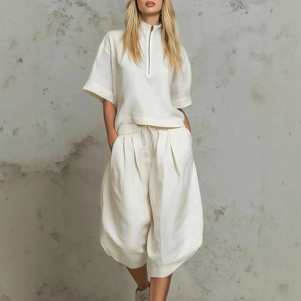 European and American Cross-border Women's Clothing Summer Casual Suit Semi-zipper Shirt Short-sleeved Top Drawstring Wide-leg Cropped Pants Two-piece