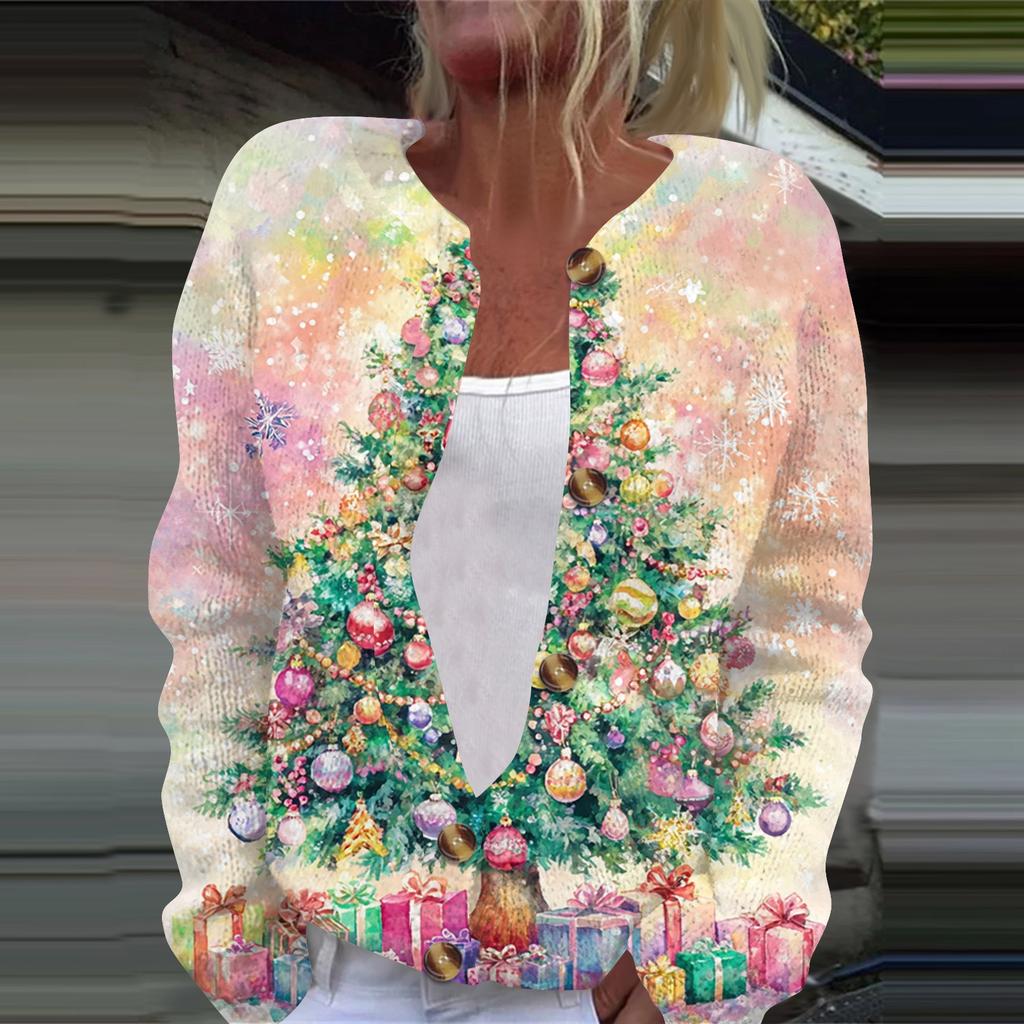 Women's Fashion Printed Long Sleeve Knitted Cardigan Button Down Jacket