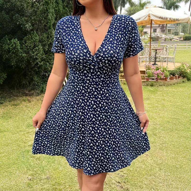 Women Floral Print V Neck Lace Up Waist Slimming Midi Casual Dress 1XL