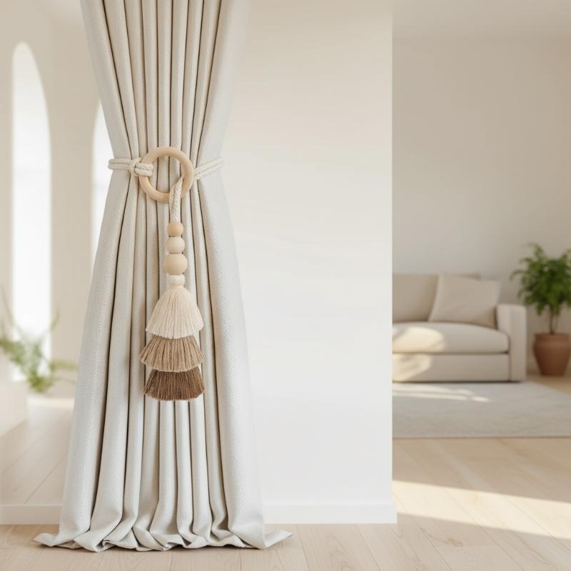 Wooden Bead Tassel Curtain Tiebacks Rope Holder Handmade Home Decor Drapery Accessory for Window Bedroom