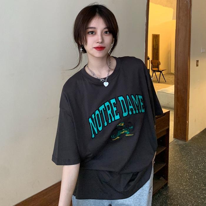 

Женская футболка из чистого хлопка в американском ретро-стиле, весенне-летняя, свободная и универсальная, повседневная, с круглым вырезом, топ-футболка, модный бренд M темно-серого