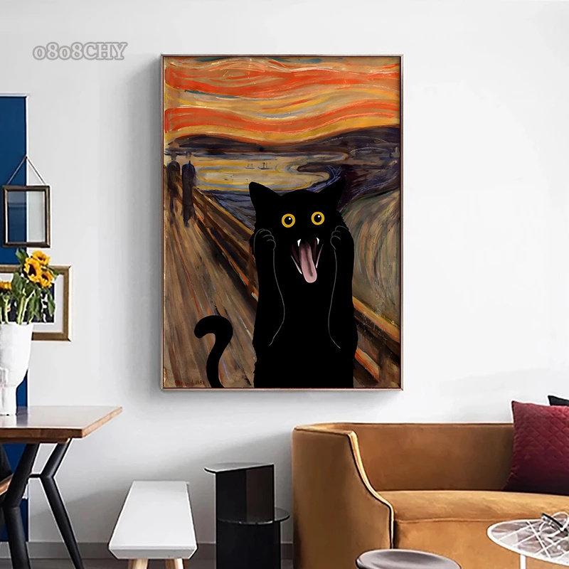 The Scream Black Cat Portrait Funny Art Canvas Painting Abstract Black Cat Posters and Prints Cuadros Wall Art for Living Room