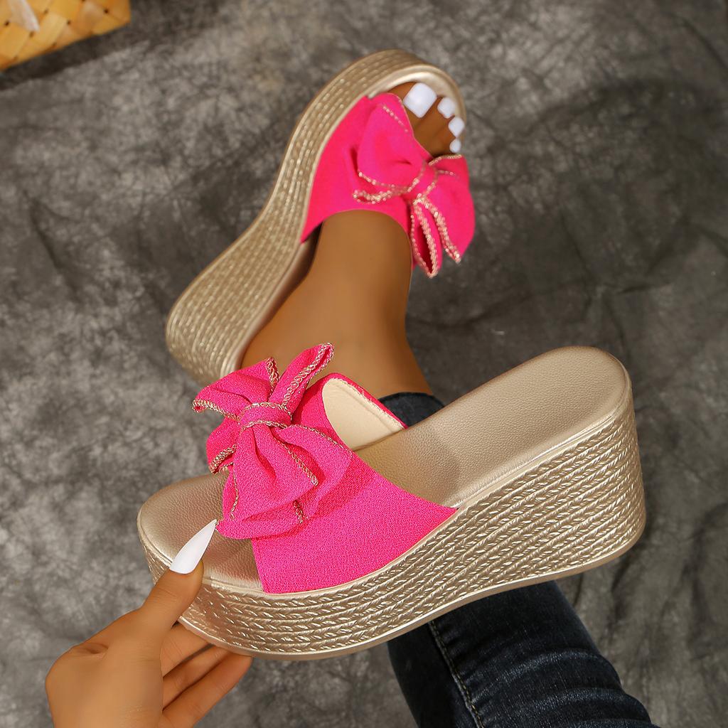 Women Wedges Slippers 2025 New Summer Beach Platform Sandals Fashion Bow Slippers Women High Heel Slippers Slides Women