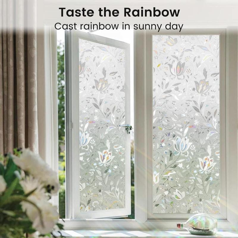 Rainbow Tulip Frosted Glass Privacy Film Static Cling Sun Blocking Decorative Stained Glass Window Film Premium